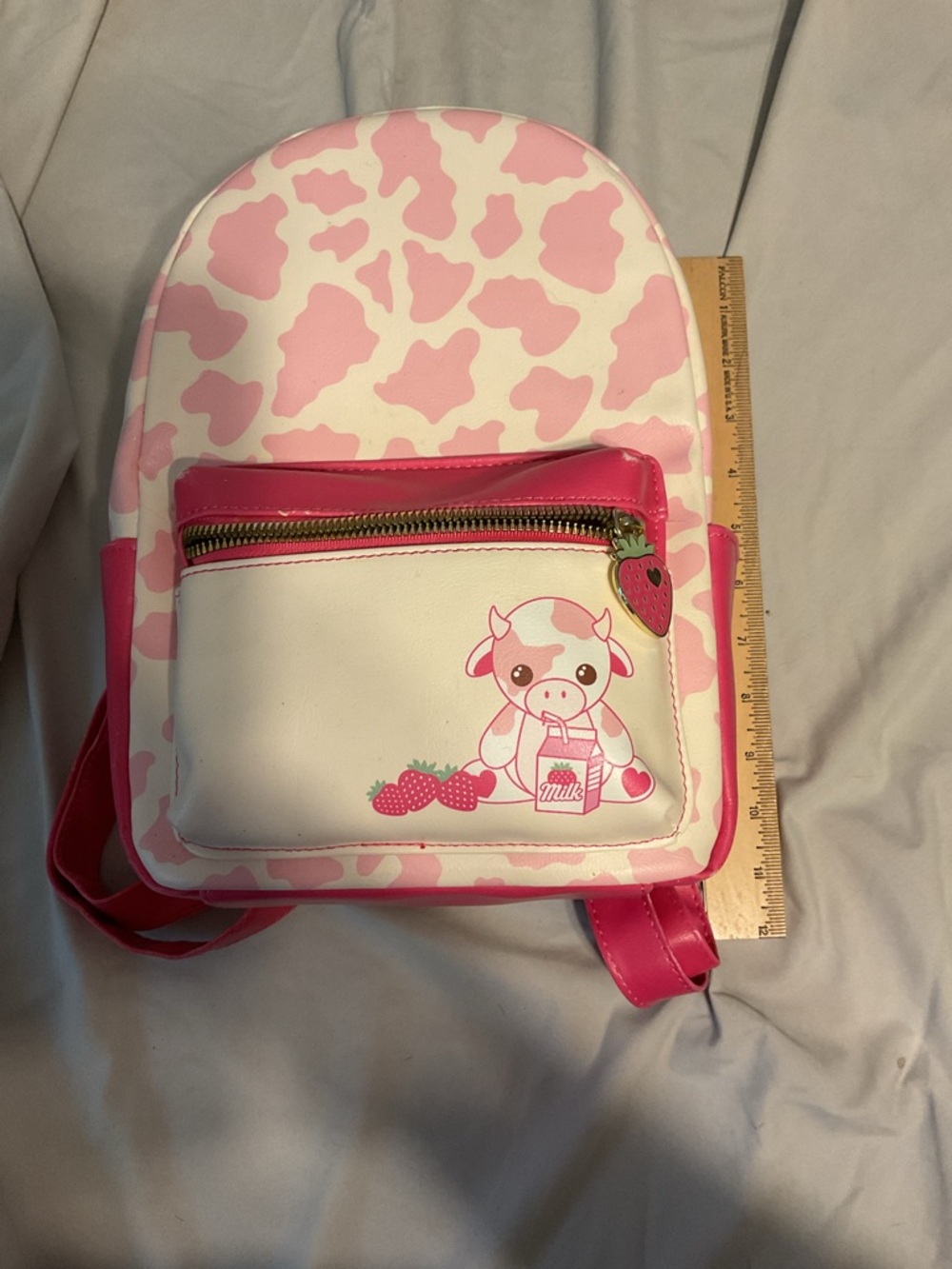 Pink Cow-Print Kids Mini Backpack with Strawberry Charm